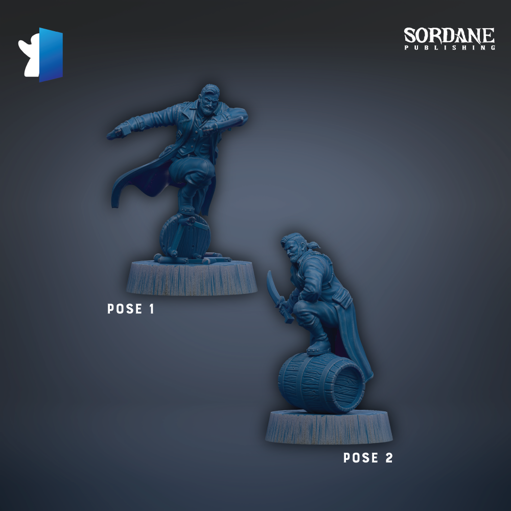 two blue figurines, one standing on a barrel and the other sitting on a barrel, both posed in a dynamic manner.