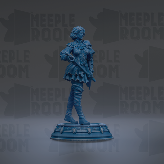 A blue statue of a woman standing on a pedestal against a dark background with repeated text.