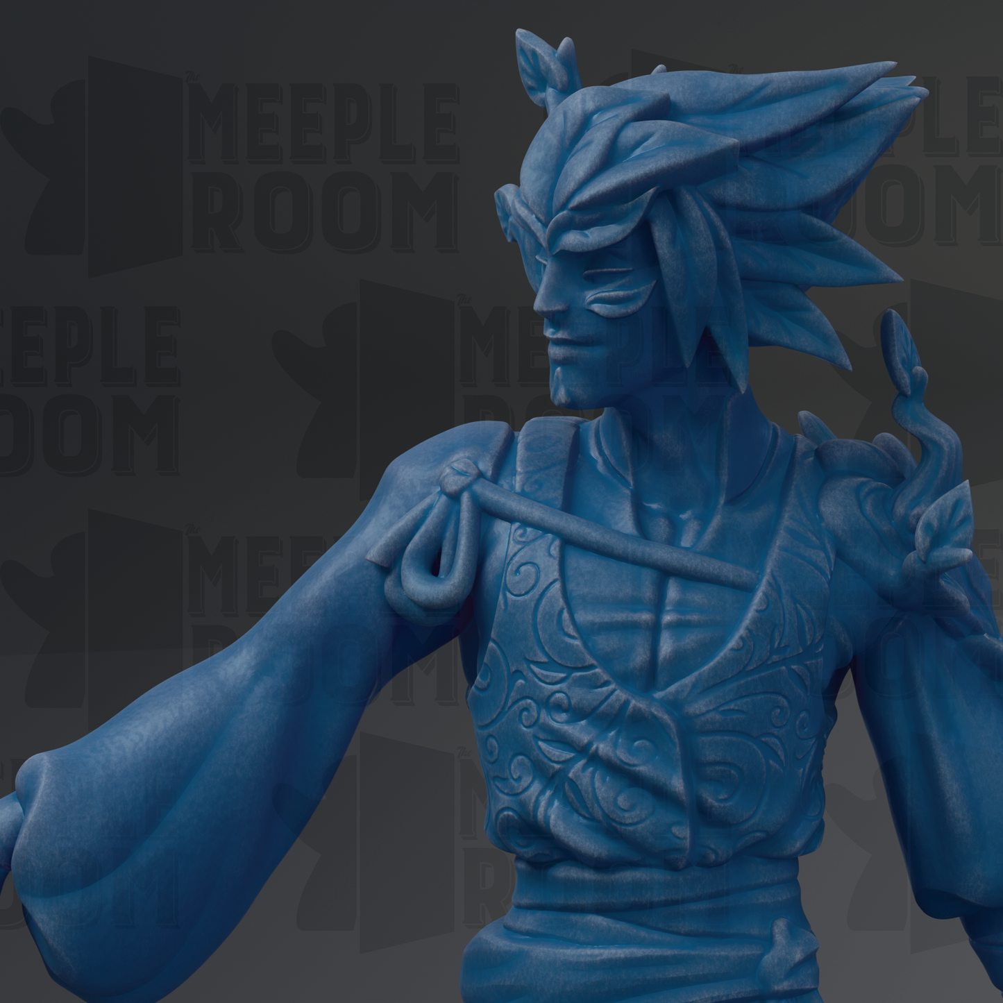 A blue, 3D-rendered statue of a character with a detailed, intricate design.