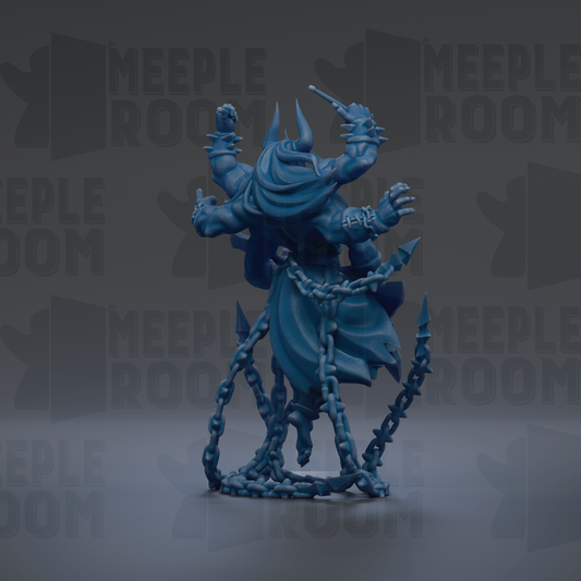 A 3D rendering of a blue, fantastical creature with horns and claws, surrounded by chains, against a dark background with repeated text.