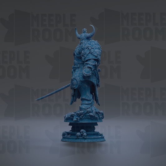 A blue statue of a warrior figure with horns and a sword stands on a pedestal against a dark background with repeated text.