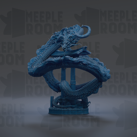 A blue dragon statue with intricate details and flowing scales is displayed against a dark background.
