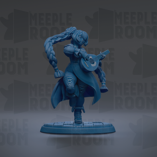 A blue figurine of a person playing a guitar, with the text "MEUPLE ROOM" repeated in the background.