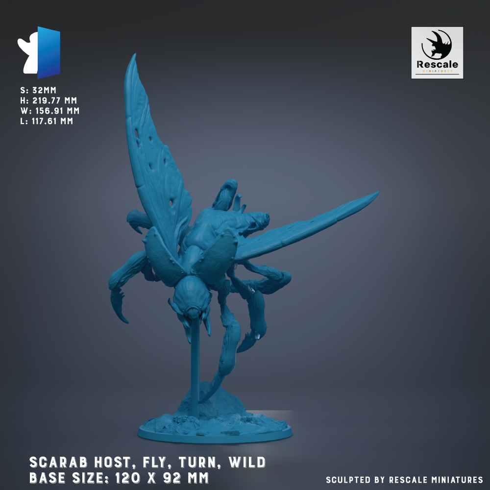 The image is a 3D model of a blue, winged creature resembling a dragon or a mythical insect. The creature has a large, curved wing and appears to be in motion, possibly flying or turning. The base size of the model is 120 mm x 92 mm. The image is described as a "scarab host, fly, turn, wild" and is created by Rescale miniatures.