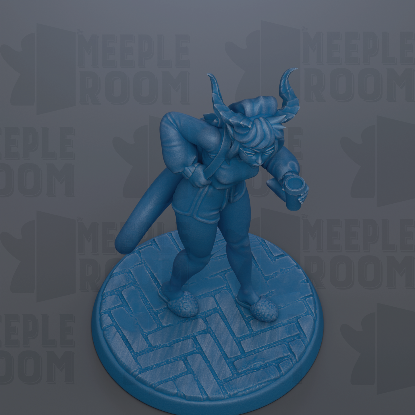 A blue figurine of a person with horns, standing on a blue platform with a geometric pattern.