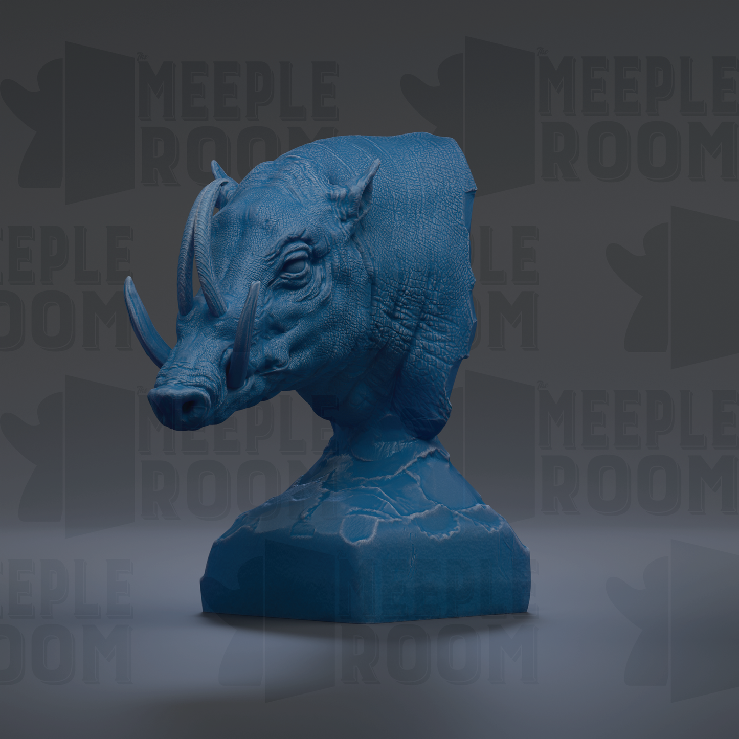 A blue bust of a rhinoceros head is displayed against a dark background with repeated text.