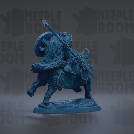 A blue, armored warrior figure stands on a platform, holding a shield and sword, with the text "MEUPLE ROOM" repeated in the background.
