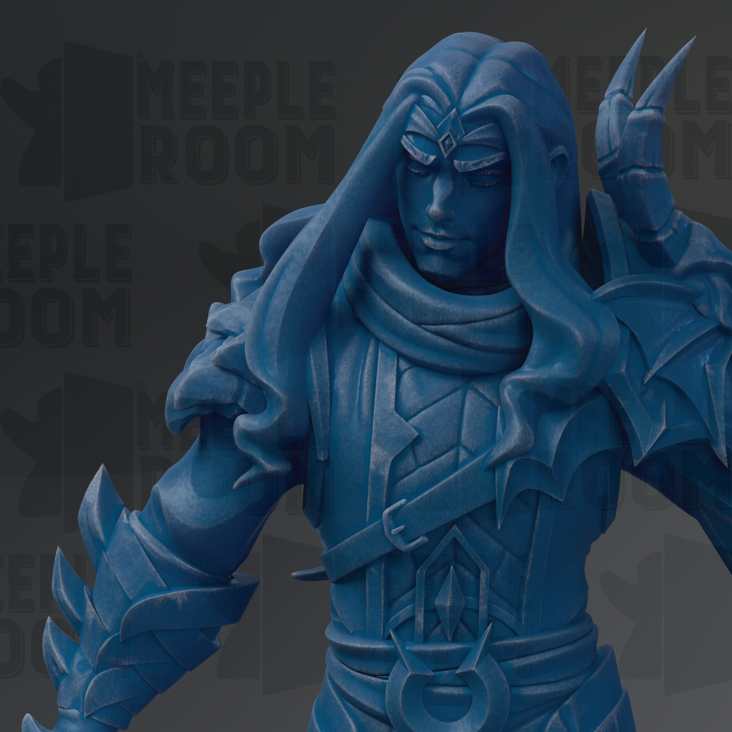 A close-up of a blue, detailed statue of a warrior figure with long hair and a serious expression.