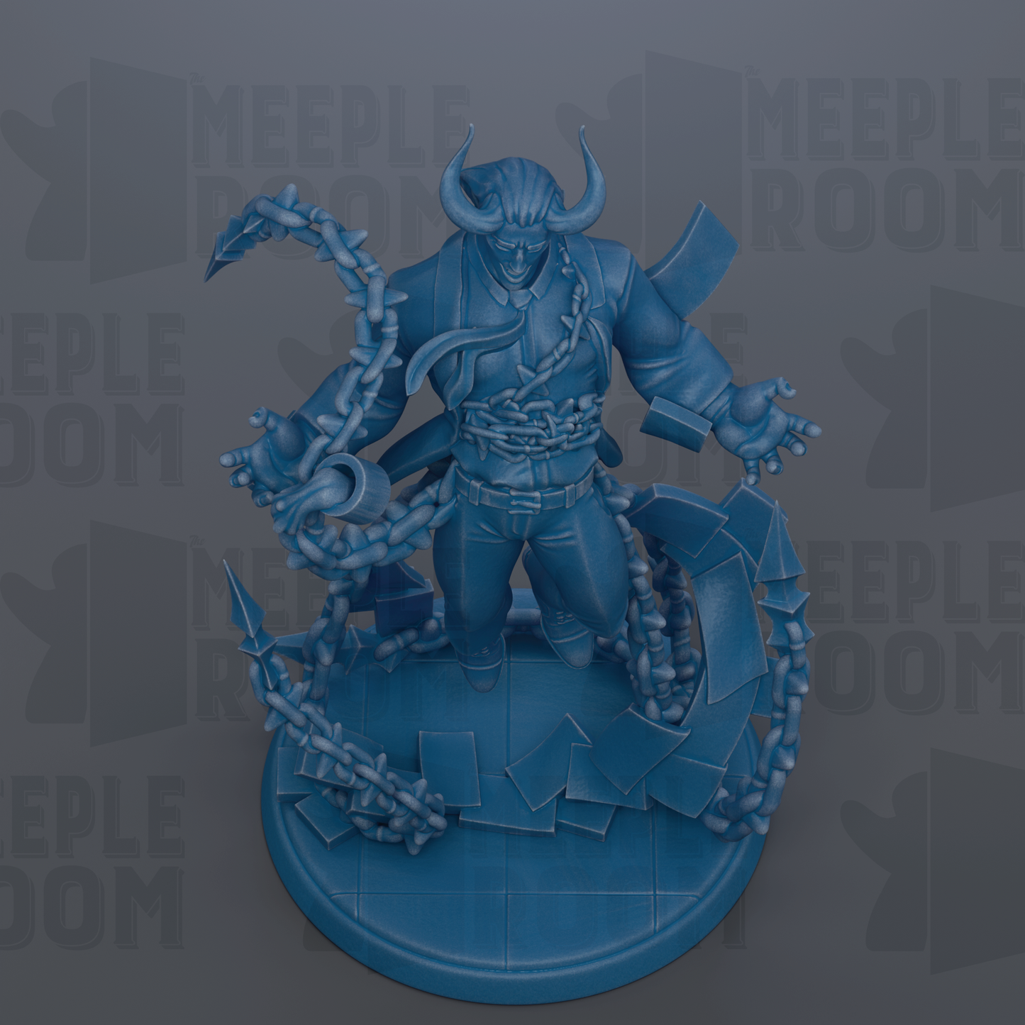 A 3D rendering of a blue, fantastical character with horns and a chain around its neck, standing on a platform.