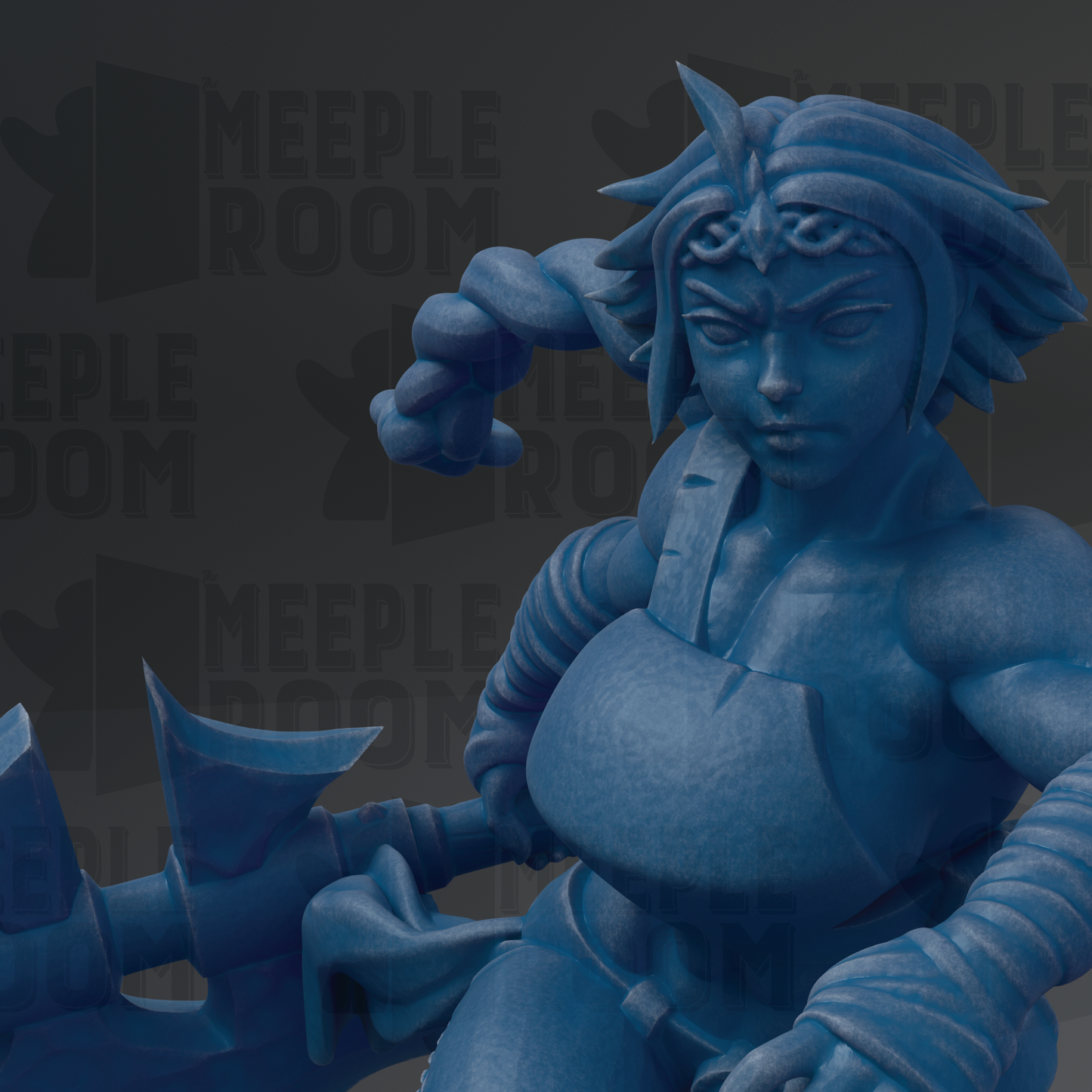 A close-up of a blue, 3D-rendered character with a determined expression, holding a weapon.