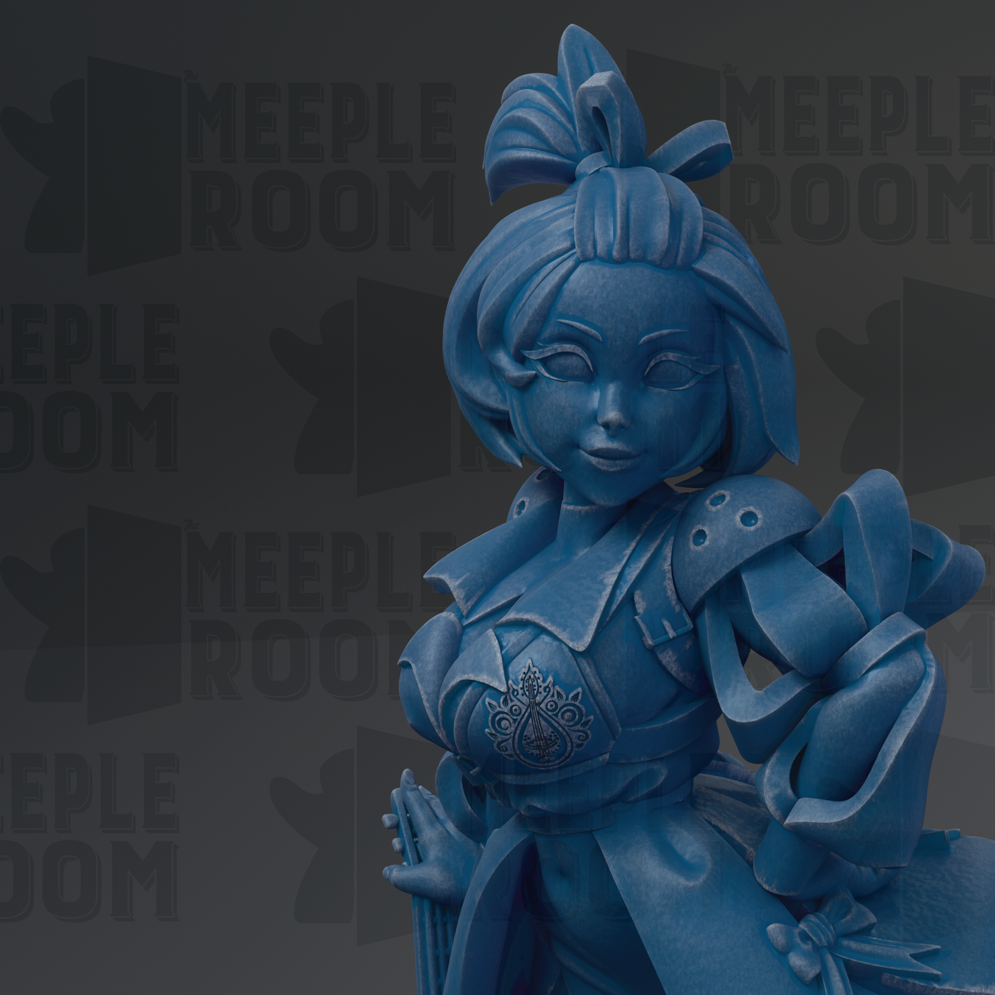 A blue figurine of a woman with a bow on her head, wearing a decorative dress, is the main focus of the image.