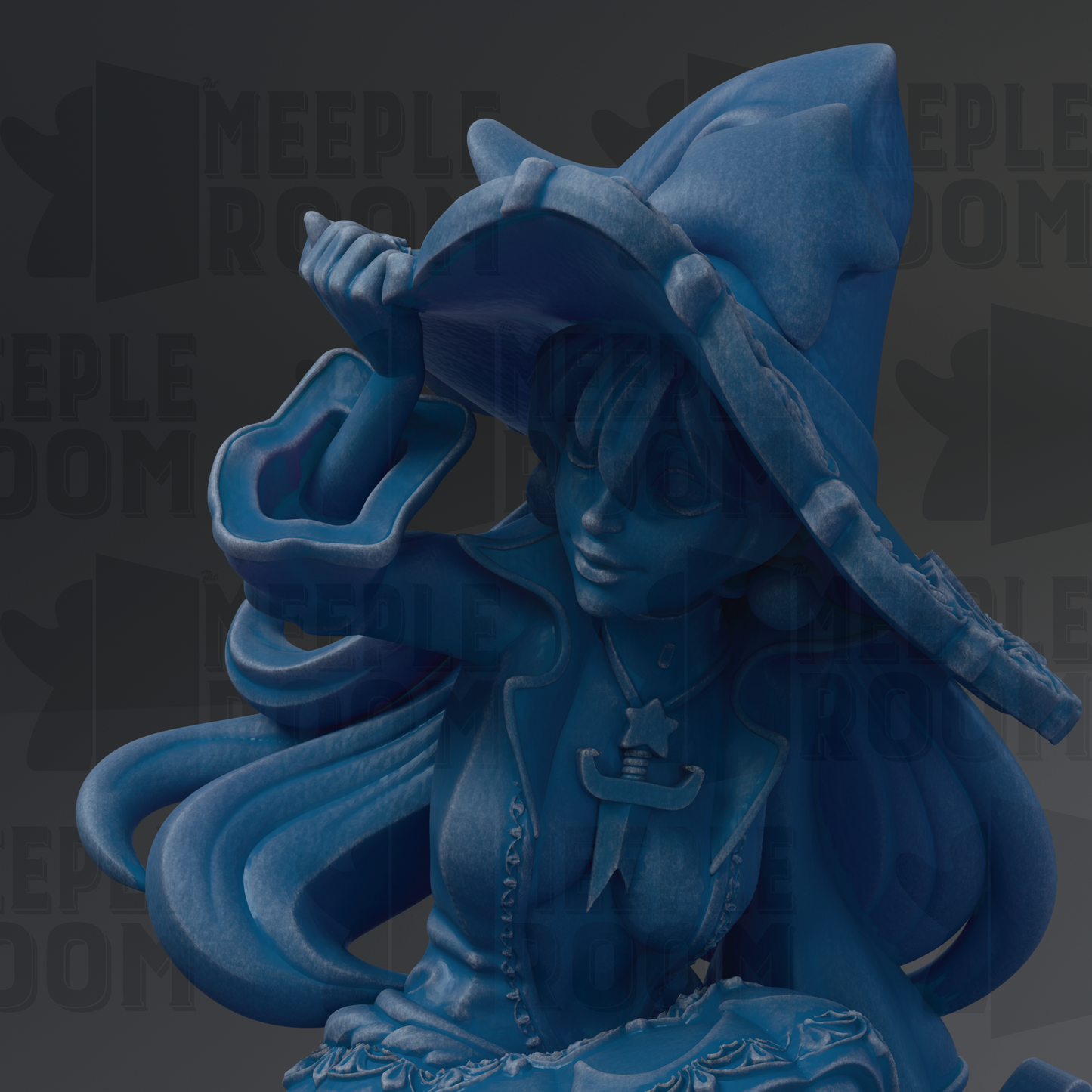 A close-up of a blue, sculpted figure wearing a pointed hat, with flowing hair and a detailed design.