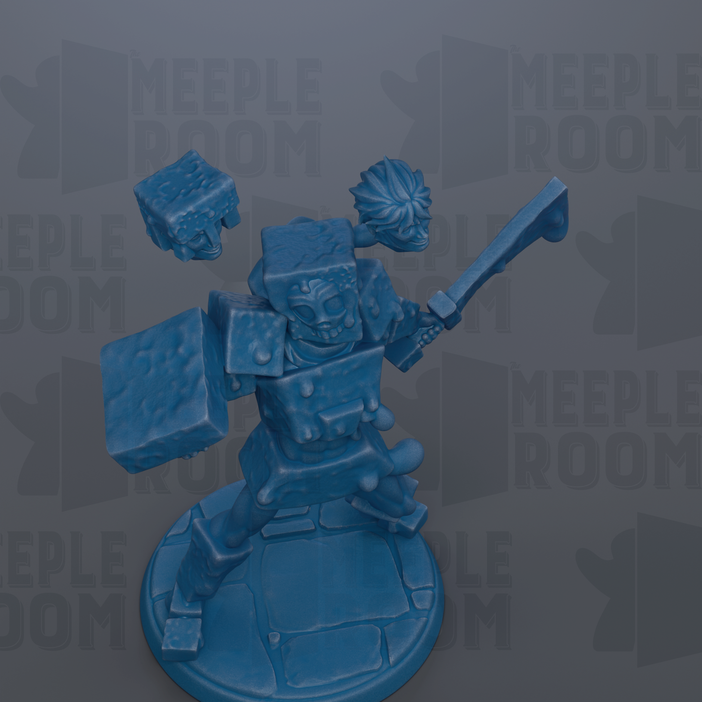 A blue, 3D-rendered figurine of a character with a sword and shield, set against a dark background with repeated text.
