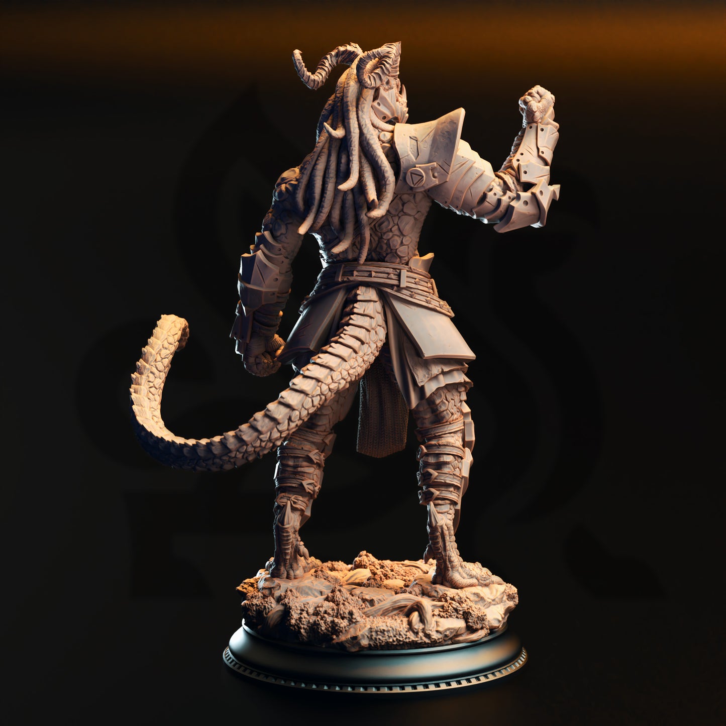 A detailed 3D model of a fantastical creature with long hair, horns, and a tail, standing on a base and holding a weapon in its hand.