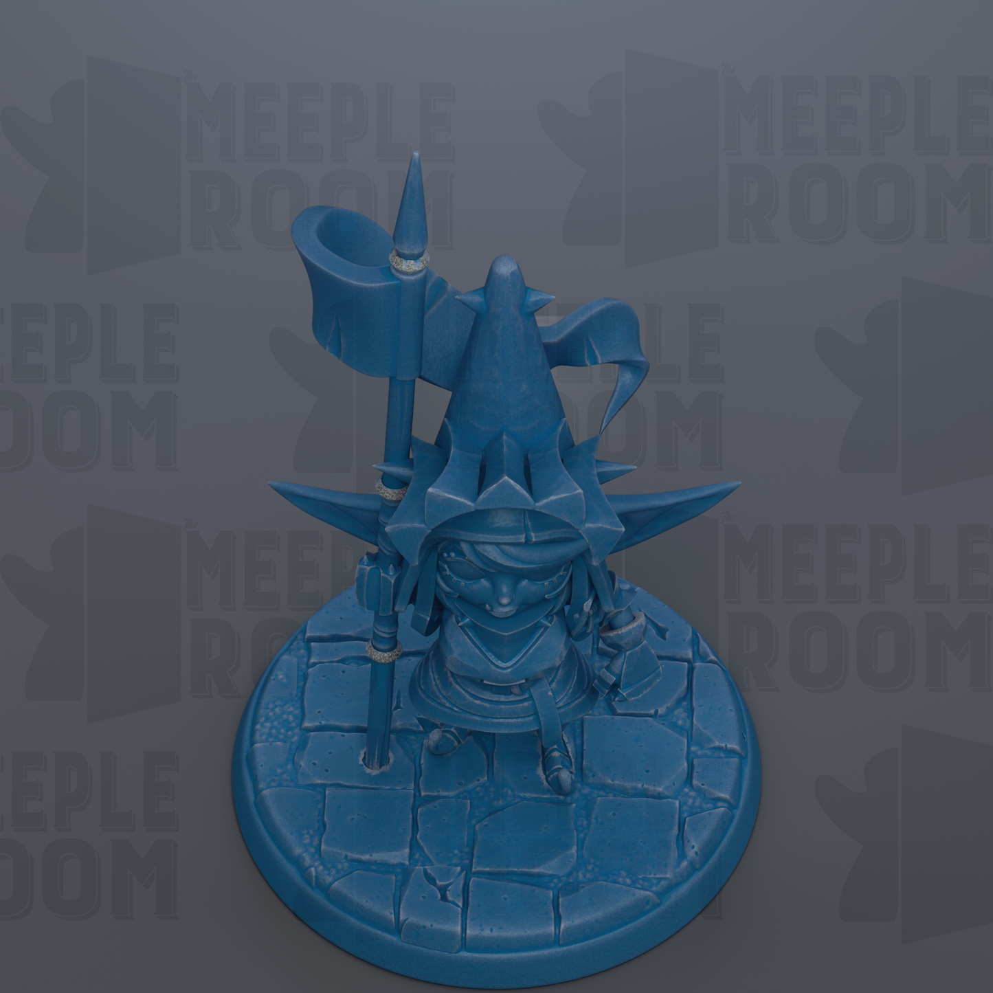 A blue, 3D-rendered fantasy character with a pointed hat and a flag, sitting on a stone base.