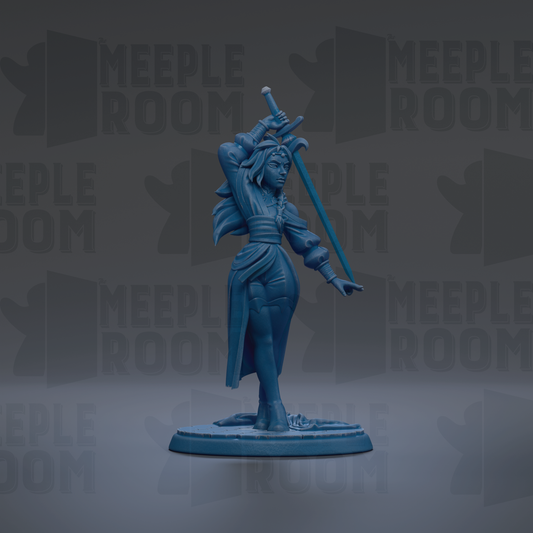 A blue figurine of a woman holding a sword stands on a base against a dark background with repeated "MEIPLLE ROOM" text.