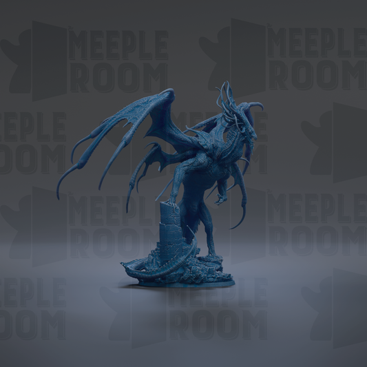 A blue dragon figurine with wings spread, standing on a pedestal against a dark background with repeated text.