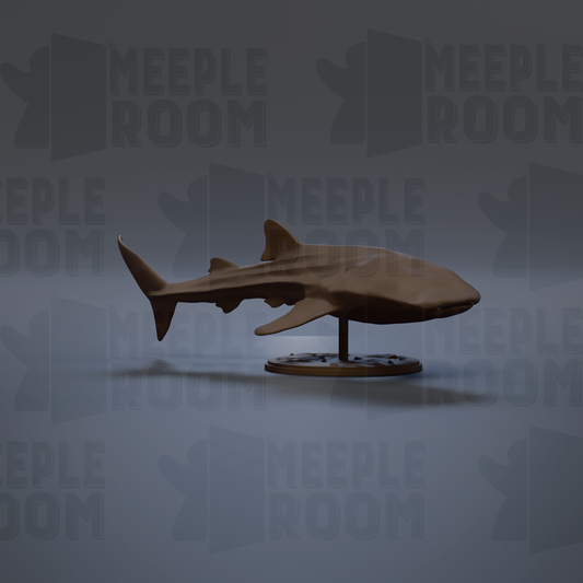 A 3D model of a shark is displayed on a stand against a gray background with repeated text.