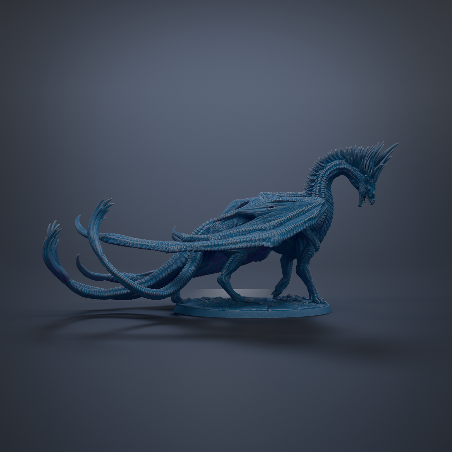 A detailed 3D rendering of a blue dragon statue with long, flowing wings and sharp teeth, standing on a platform against a dark background.