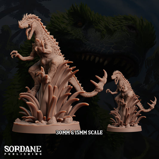 two dinosaur figurines, one larger and one smaller, set against a dark background.