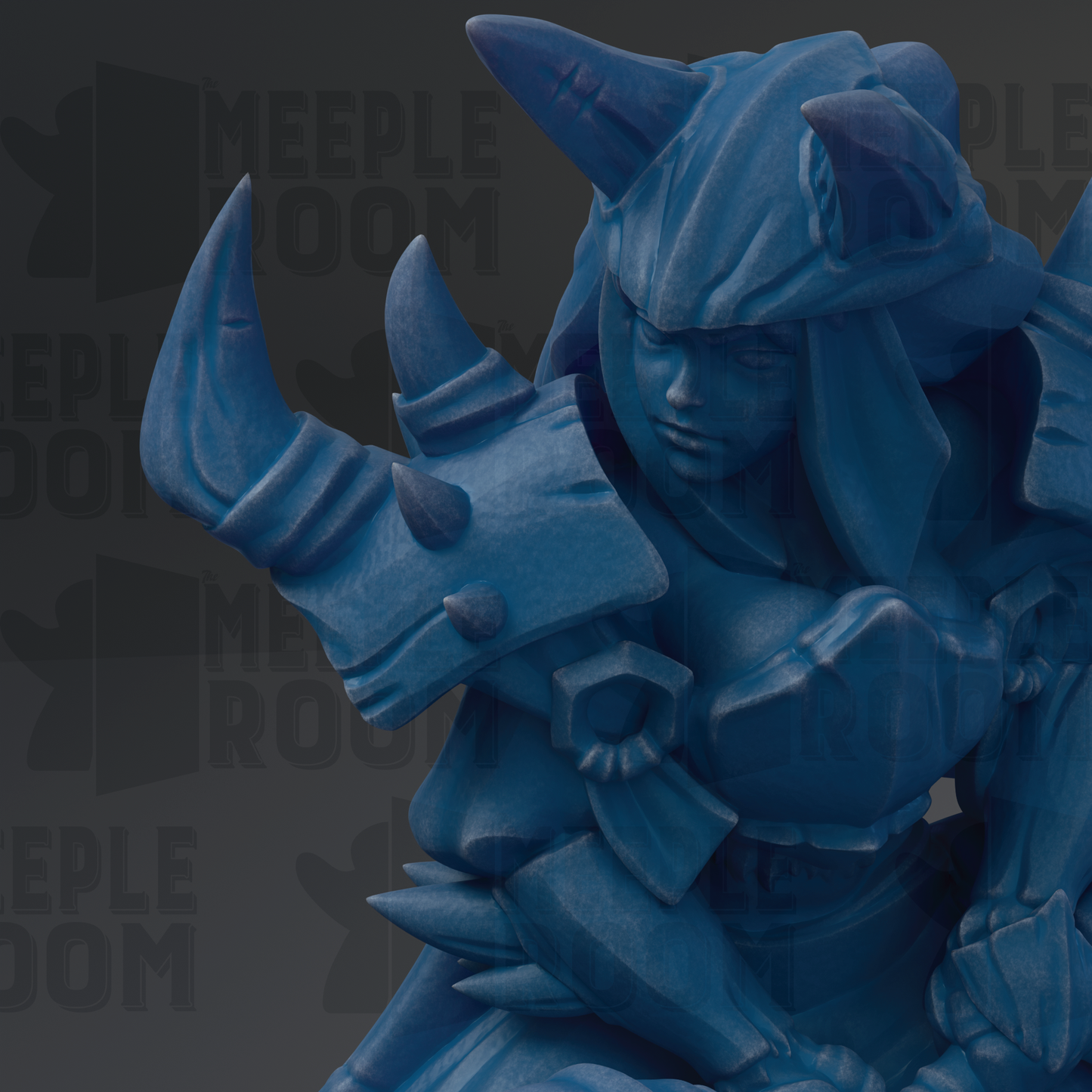 A blue, sculpted figure with horns and a detailed design, set against a dark background with repeated text.