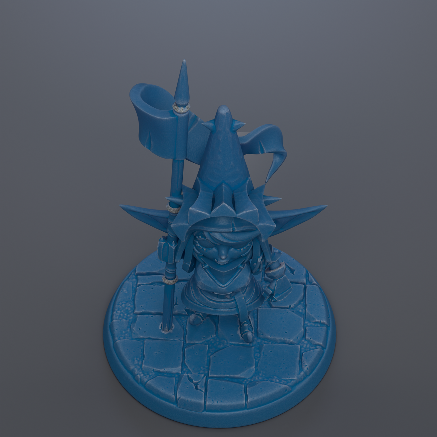 A blue, 3D-rendered fantasy character with a pointed hat and a flag, sitting on a blue base with a stone or brick pattern.