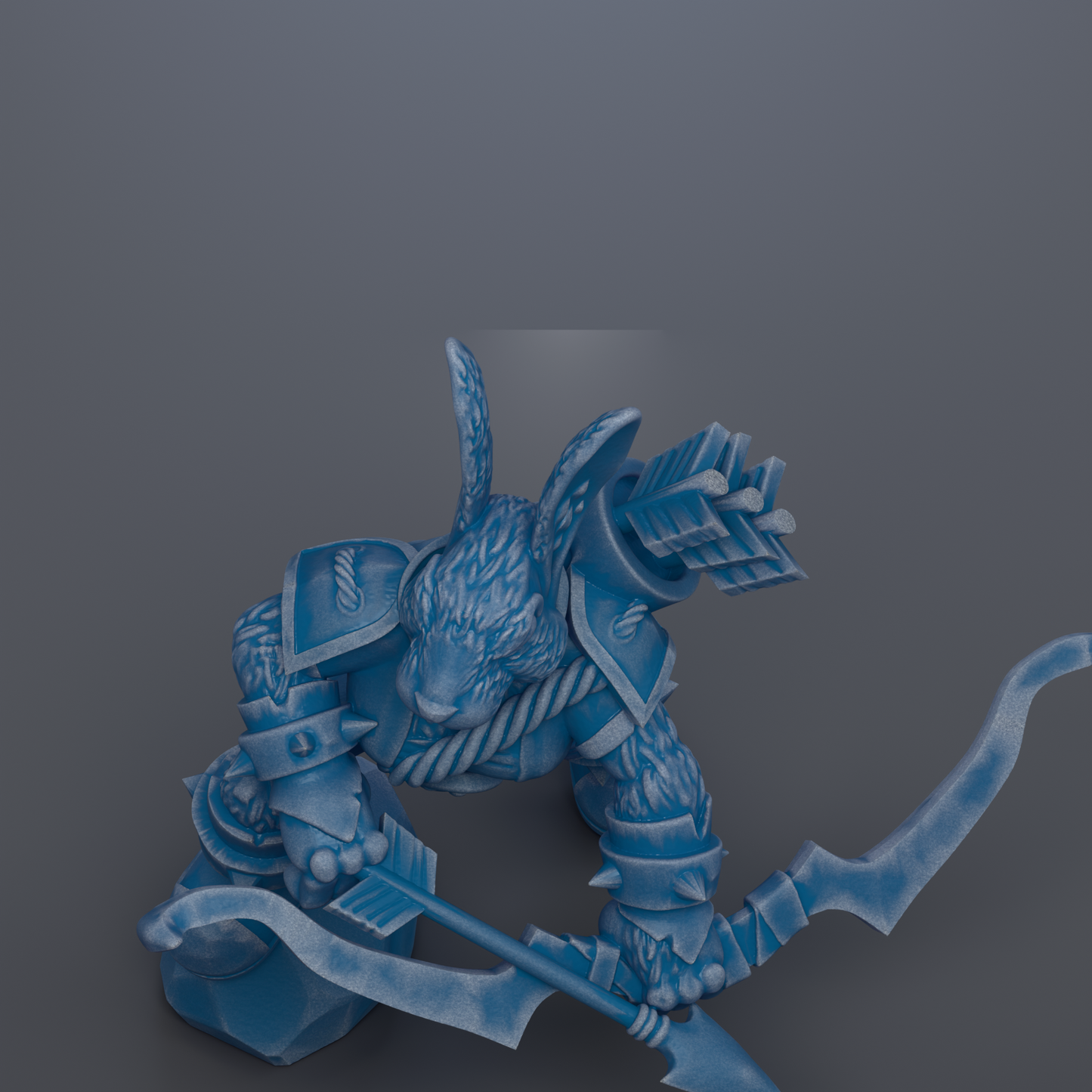 A 3D rendering of a blue, armored character with a bow and arrow, set against a dark background.