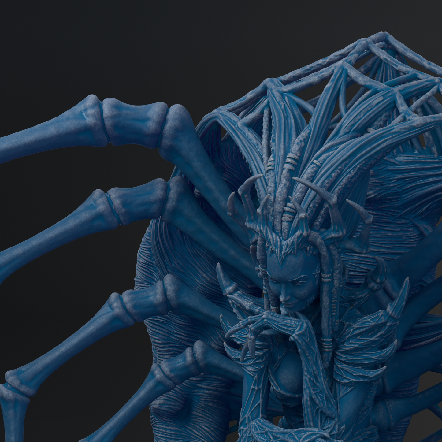 A detailed 3D rendering of a fantastical creature with intricate, organic-looking features and a complex, web-like structure.