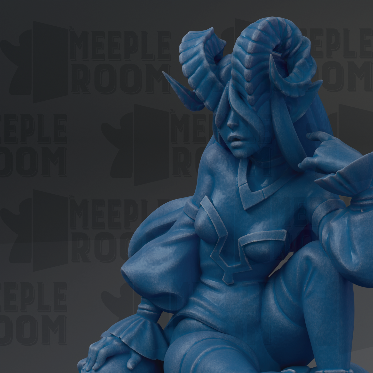 A blue statue of a woman with horns and a flowing robe, sitting on a surface with the word "MEEPLE ROOM" repeated in the background.