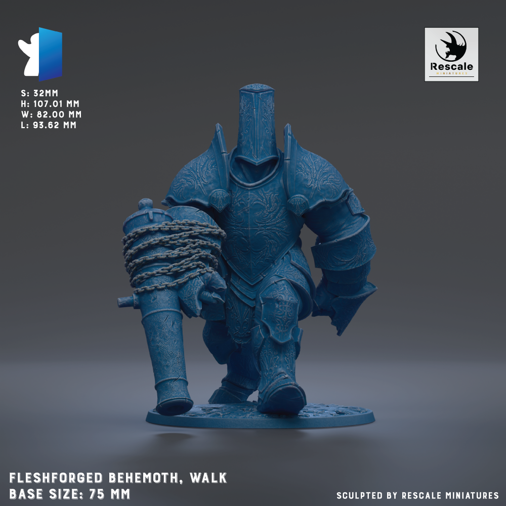 A 3D model of a armored character, specifically a fleshforged behemoth, is depicted in the image. The character is shown in a dynamic pose, walking with a chain around its neck. The image is labeled with the base size of the character, which is 75 mm, and the manufacturer, Rescale Miniatures.