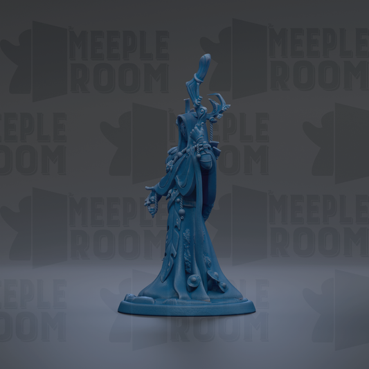 A blue figurine of a fantastical creature, possibly a deity or magical being, is displayed against a dark background with repeated text.