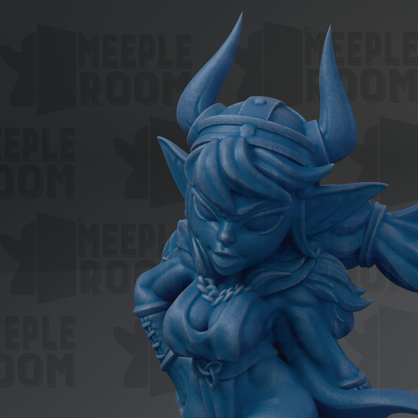 A close-up of a blue, fantastical female character with horns and a flowing robe, set against a dark background with repeated text.