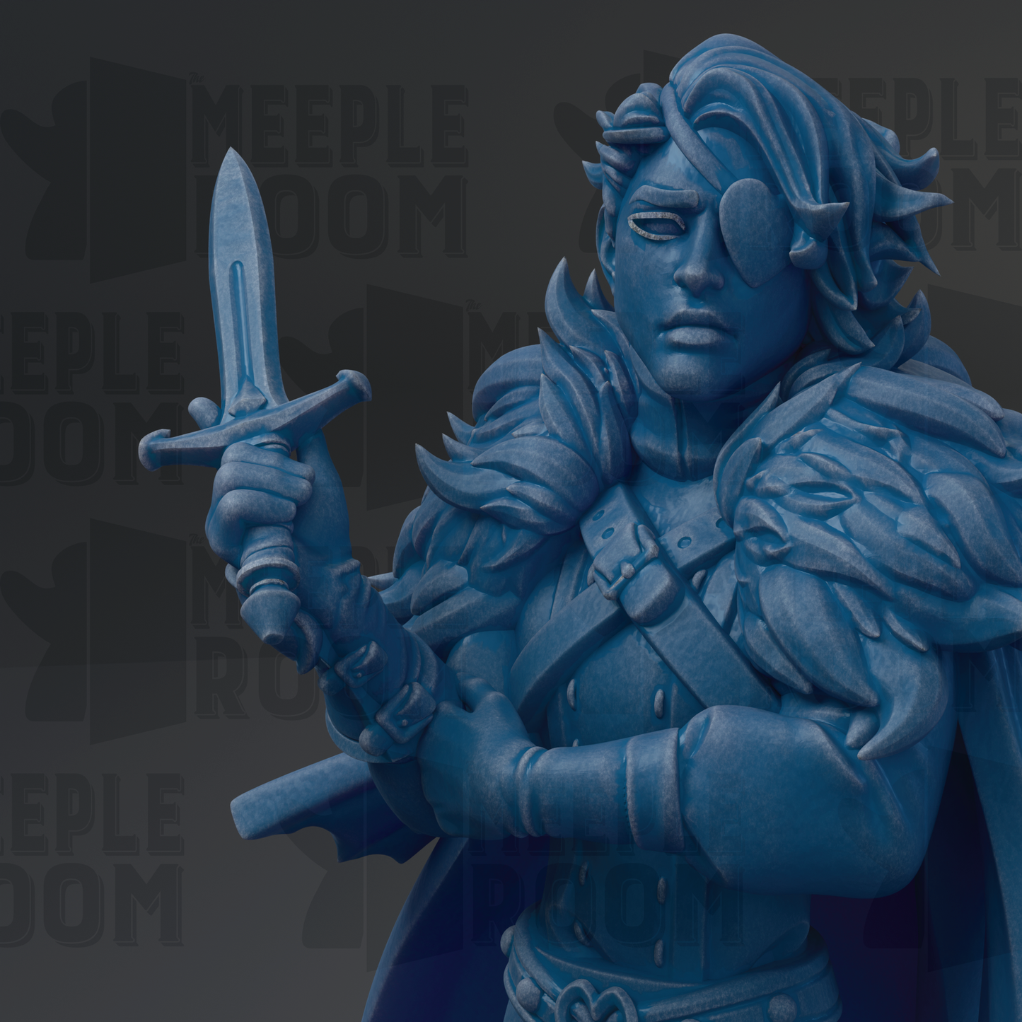 A blue statue of a warrior figure holding a sword and shield, with a serious expression on their face.