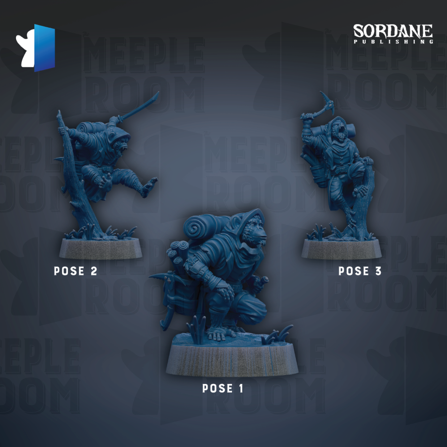 three blue figurines of characters, each with a unique pose, arranged against a dark background.