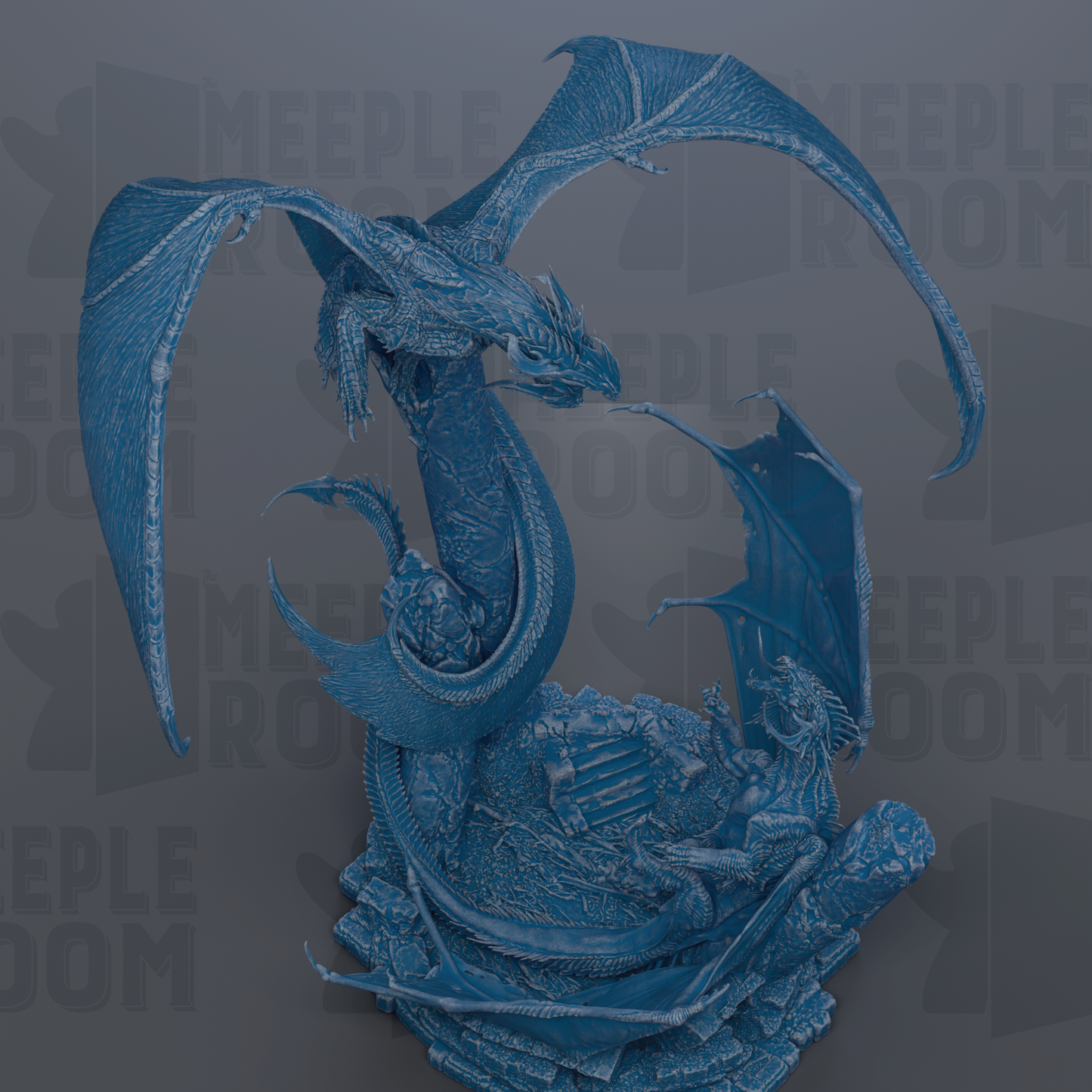 A detailed 3D rendering of a blue dragon-like creature with wings spread wide, perched on a rock formation.