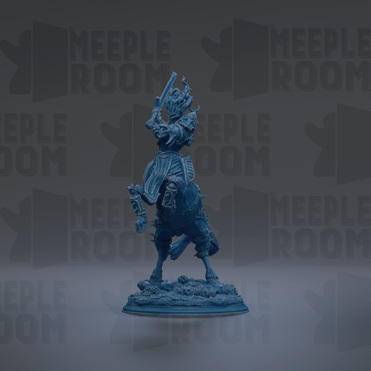 A blue figurine of a knight on horseback, standing on a base, against a dark background with repeated text.