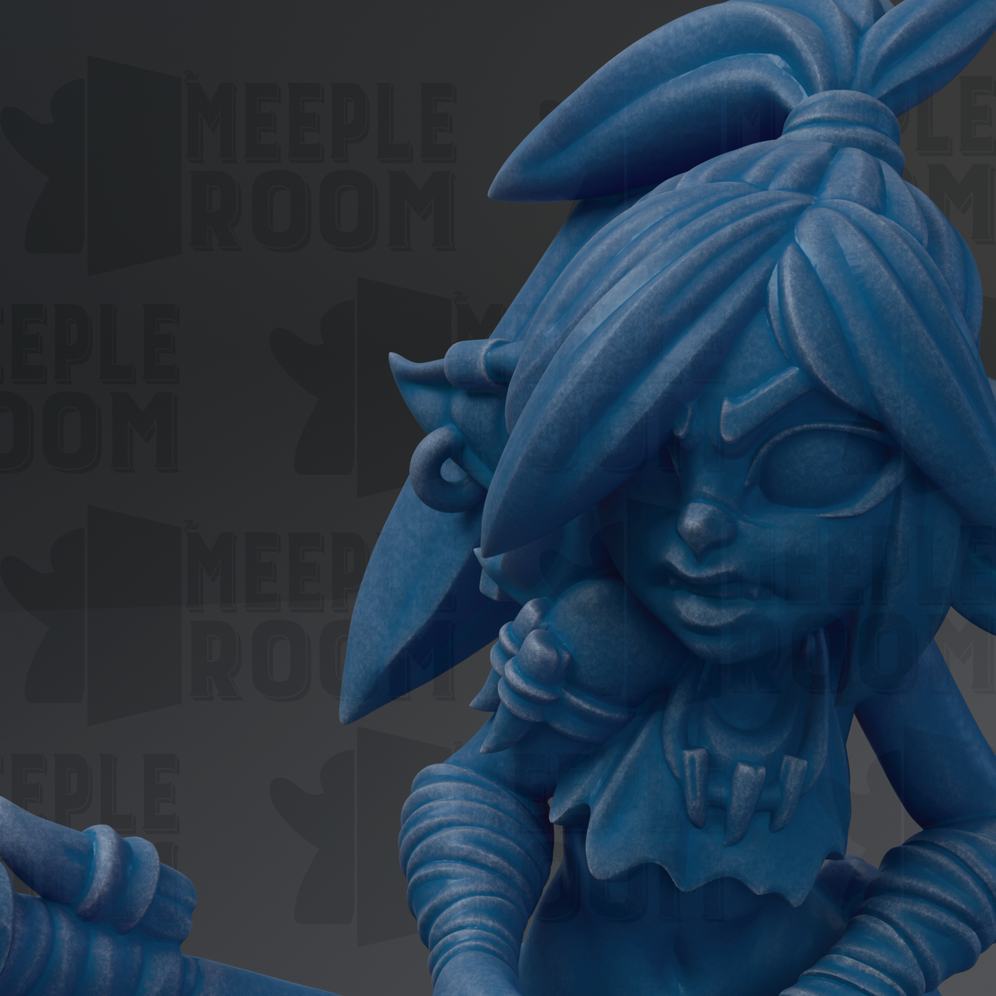 A close-up view of a blue, cartoonish statue or sculpture with a stylized, exaggerated face and features.