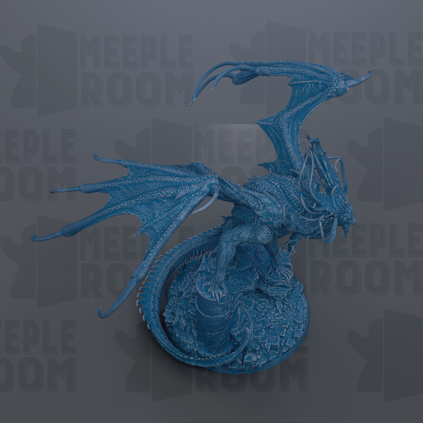 A blue dragon figurine with outstretched wings is the main focus of the image.
