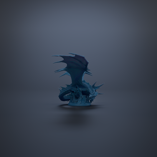 A 3D rendering of a blue dragon-like creature with sharp teeth and a fierce expression, standing alone against a dark background.