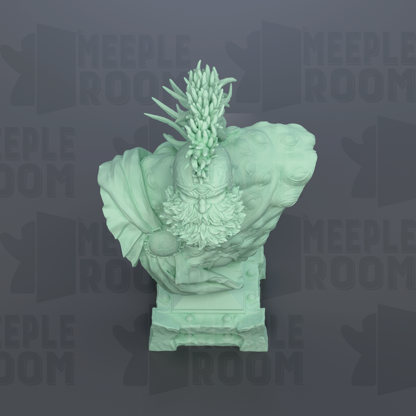 A green, 3D-rendered statue of a figure with a large headdress and intricate details, set against a dark background with repeated text.