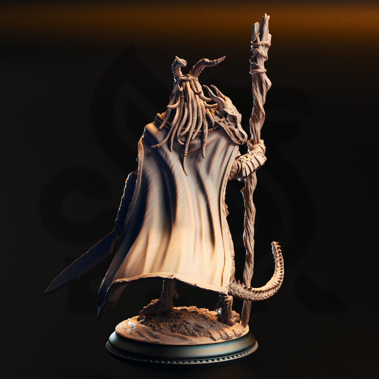 A detailed 3D model of a dragon statue, featuring intricate details and a flowing cape.