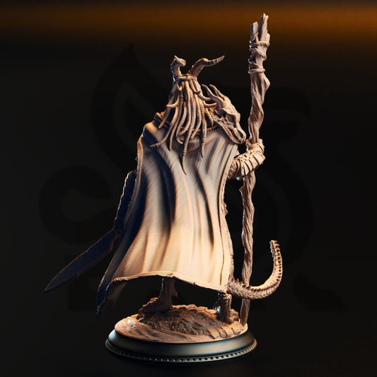 A detailed 3D model of a dragon statue, featuring intricate details and a flowing cape.