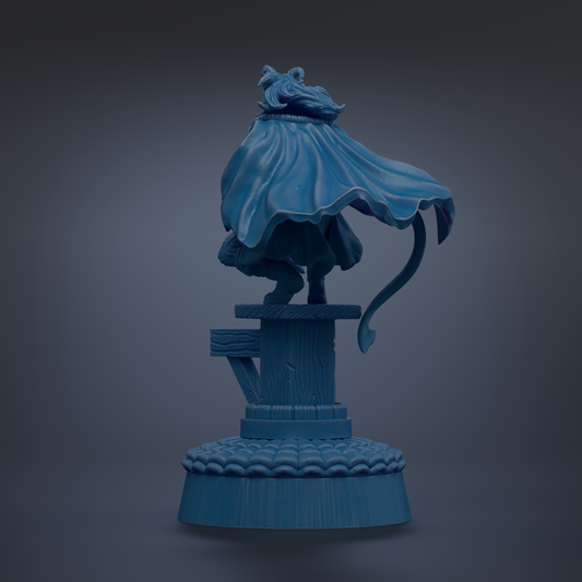 A 3D rendering of a statue with a flowing cape, standing on a pedestal.