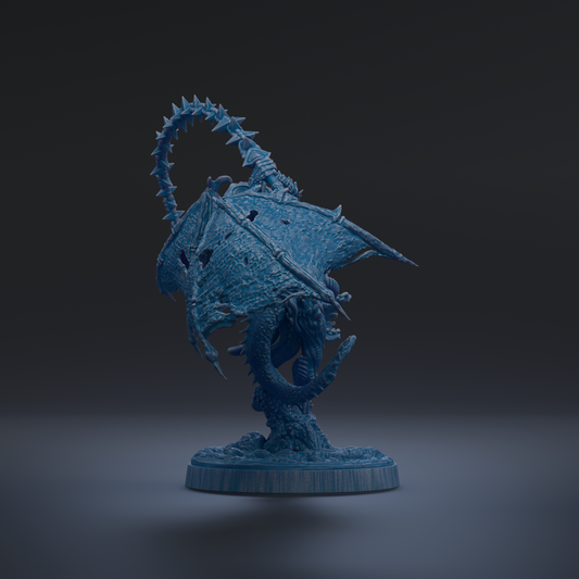 A blue dragon figurine with sharp teeth and claws is depicted in a dark, dramatic setting.
