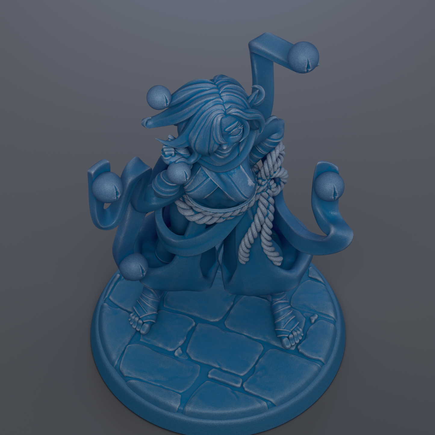 A blue, 3D-rendered statue of a fantastical creature with multiple arms and legs, standing on a stone base.