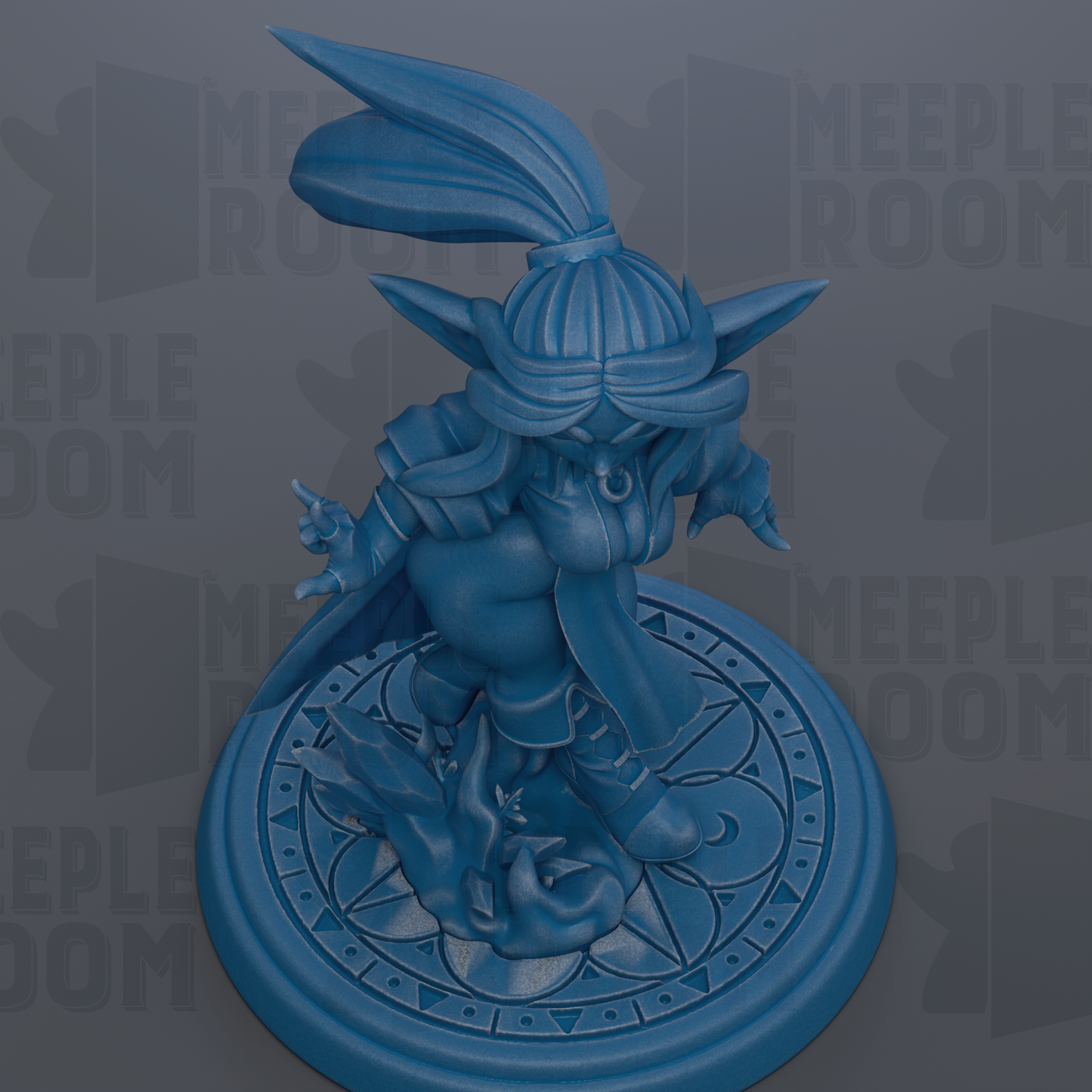 A blue figurine of a character with a large head and a pointed hat, standing on a circular base with a geometric pattern.