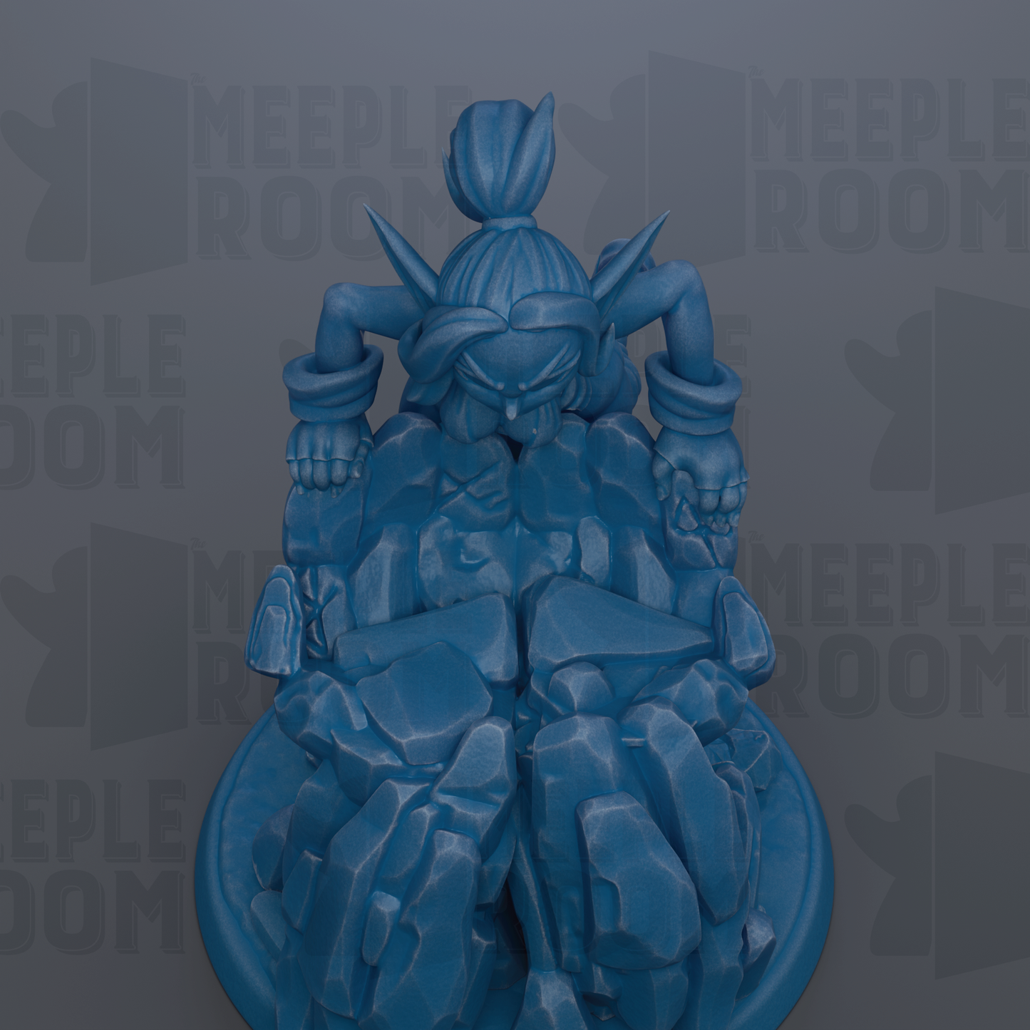 A blue, 3D-rendered figurine of a character with a large head and arms, sitting on a rock formation.