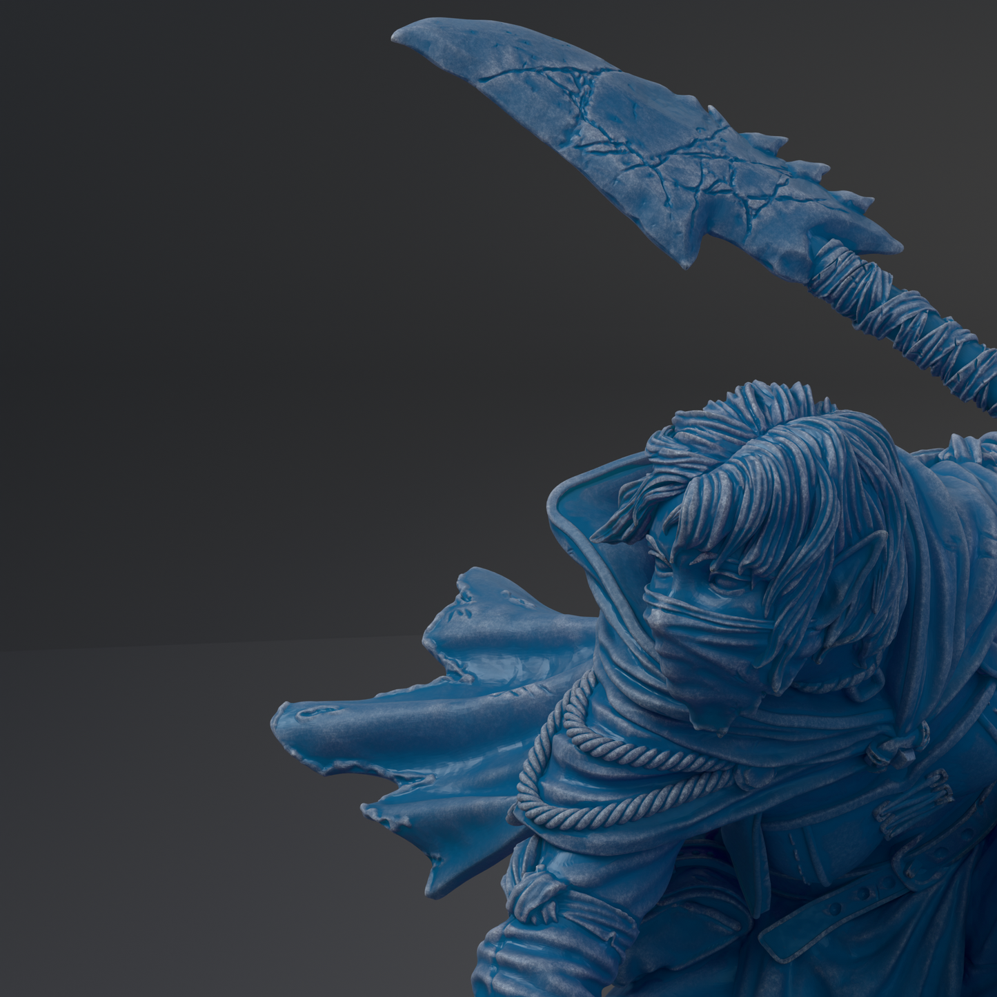 A close-up view of a blue, sculpted figure with a sword in its hand, set against a dark background.