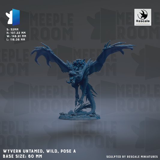 a detailed 3D model of a winged creature, possibly a dragon or mythical beast, with intricate details and realistic proportions. The creature is posed in a wild, untamed pose, showcasing its natural beauty and power. The image is described as a "base size: 60 mm" and is presented by Rescale Miniatures, suggesting that it is a product of their collection. The background of the image is a dark gray color, which contrasts with the vibrant blue of the creature and highlights its presence.