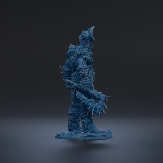 A blue, armored warrior figure stands in a dark environment, holding a weapon.